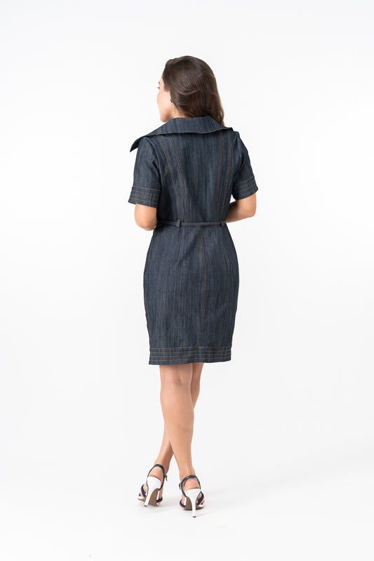 Vestido Jeans Midi com Bolsos e Elastano