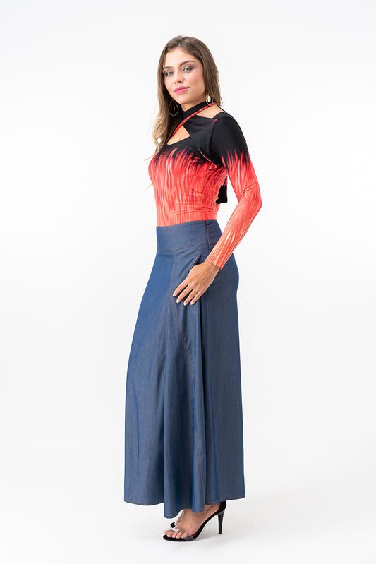 Body Feminino Estampado em Tons de Fogo com Detalhe nos Ombros