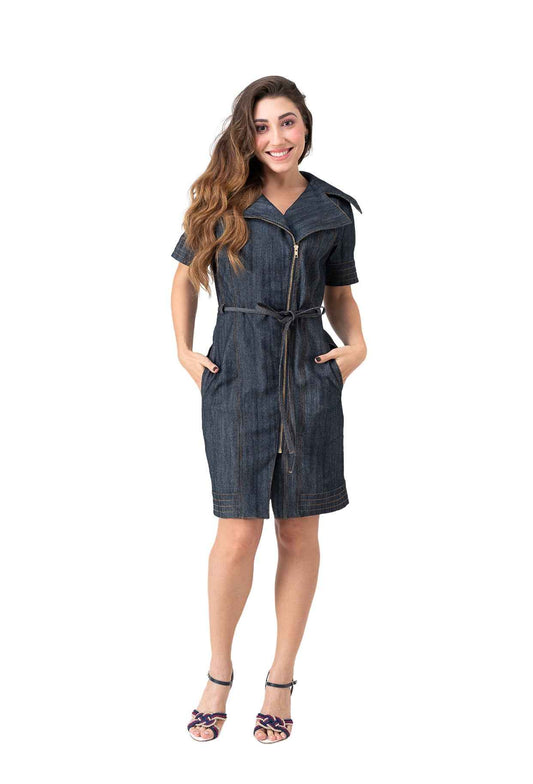 Vestido jeans midi com bolsos e elastano