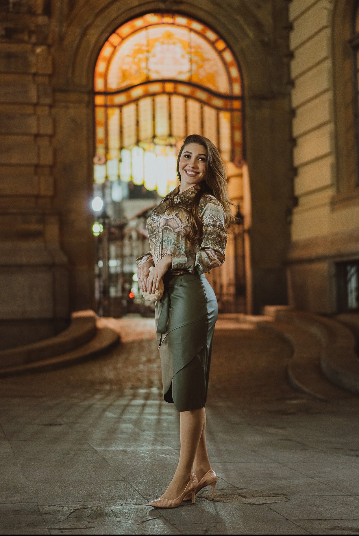 Camisa de Cetim Animal Print Verde Manga Longa