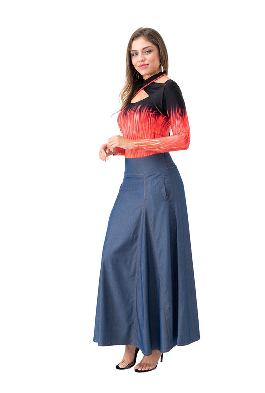 Saia Longa Cintura Baixa Com Bolsos