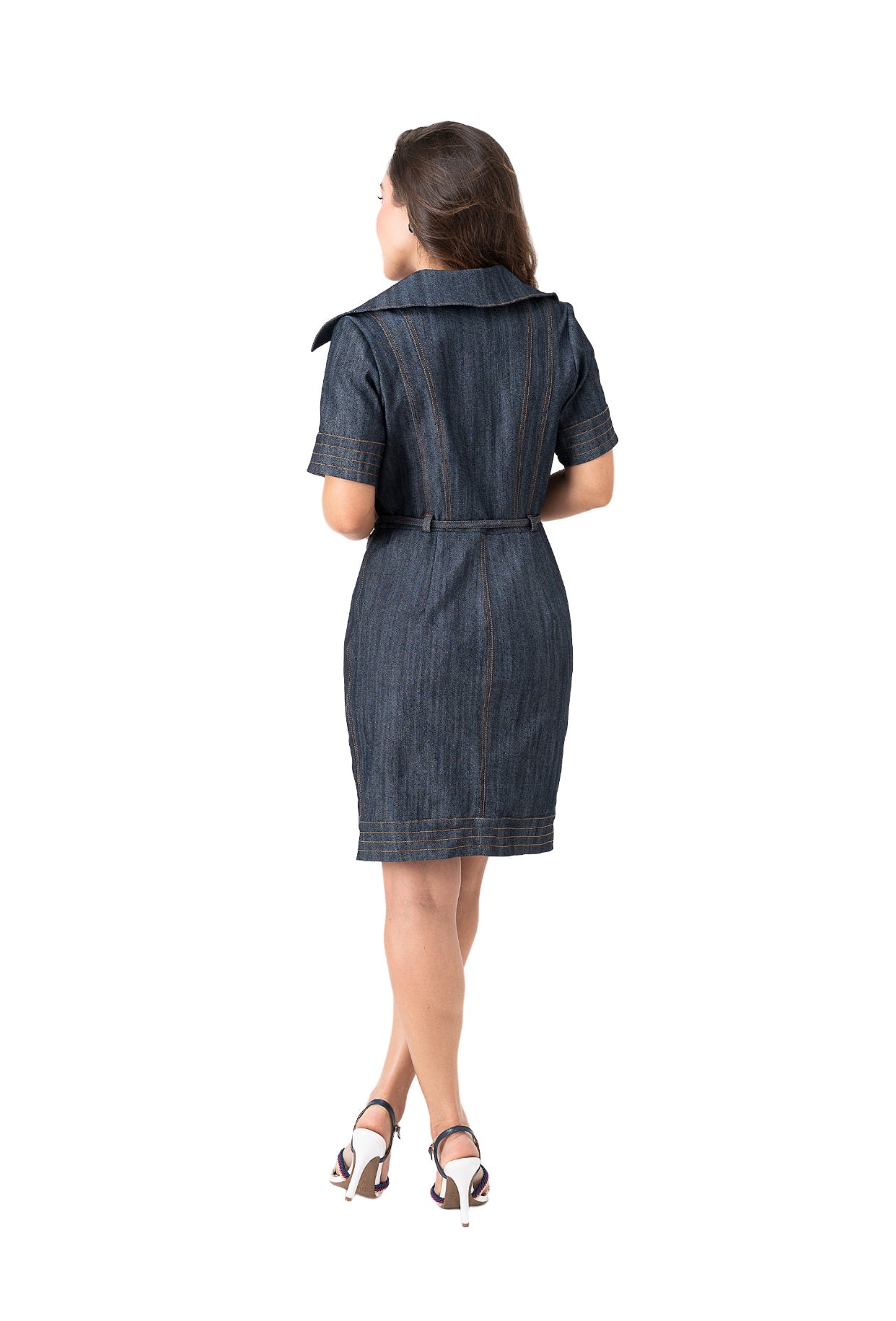 Vestido jeans midi com bolsos e elastano