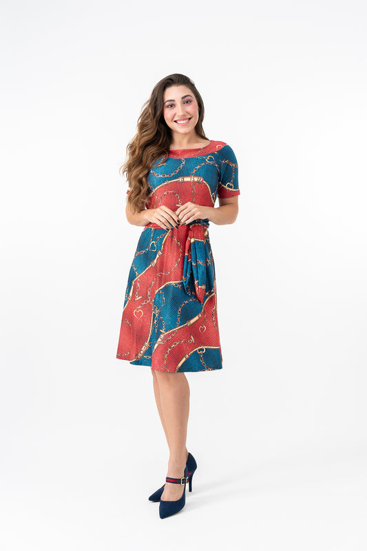 Vestido Midi Godê em Coloração Azul e Vermelho