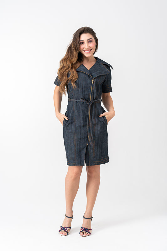 Vestido Jeans Midi com Bolsos e Elastano