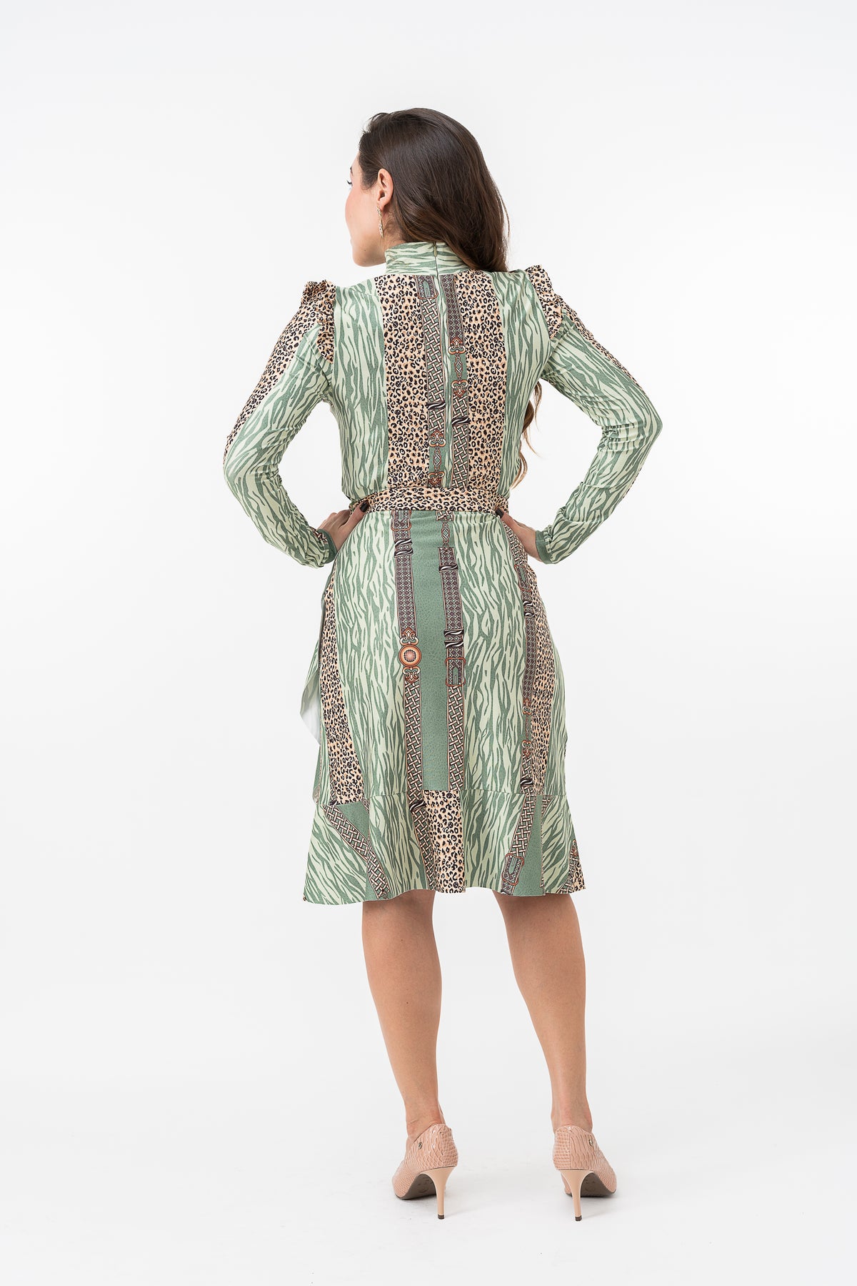 Conjunto Saia e Blusa Estampado Tons Verde Agua