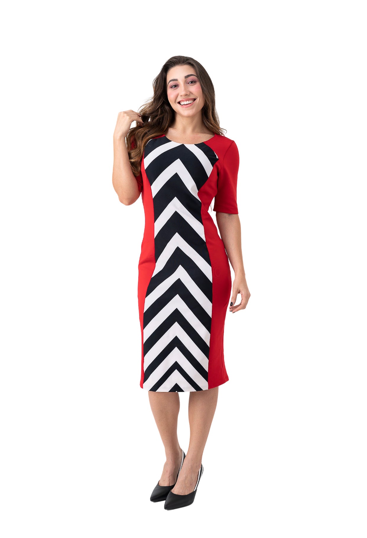Vestido Vermelho Justo com Barrado Branco e Preto