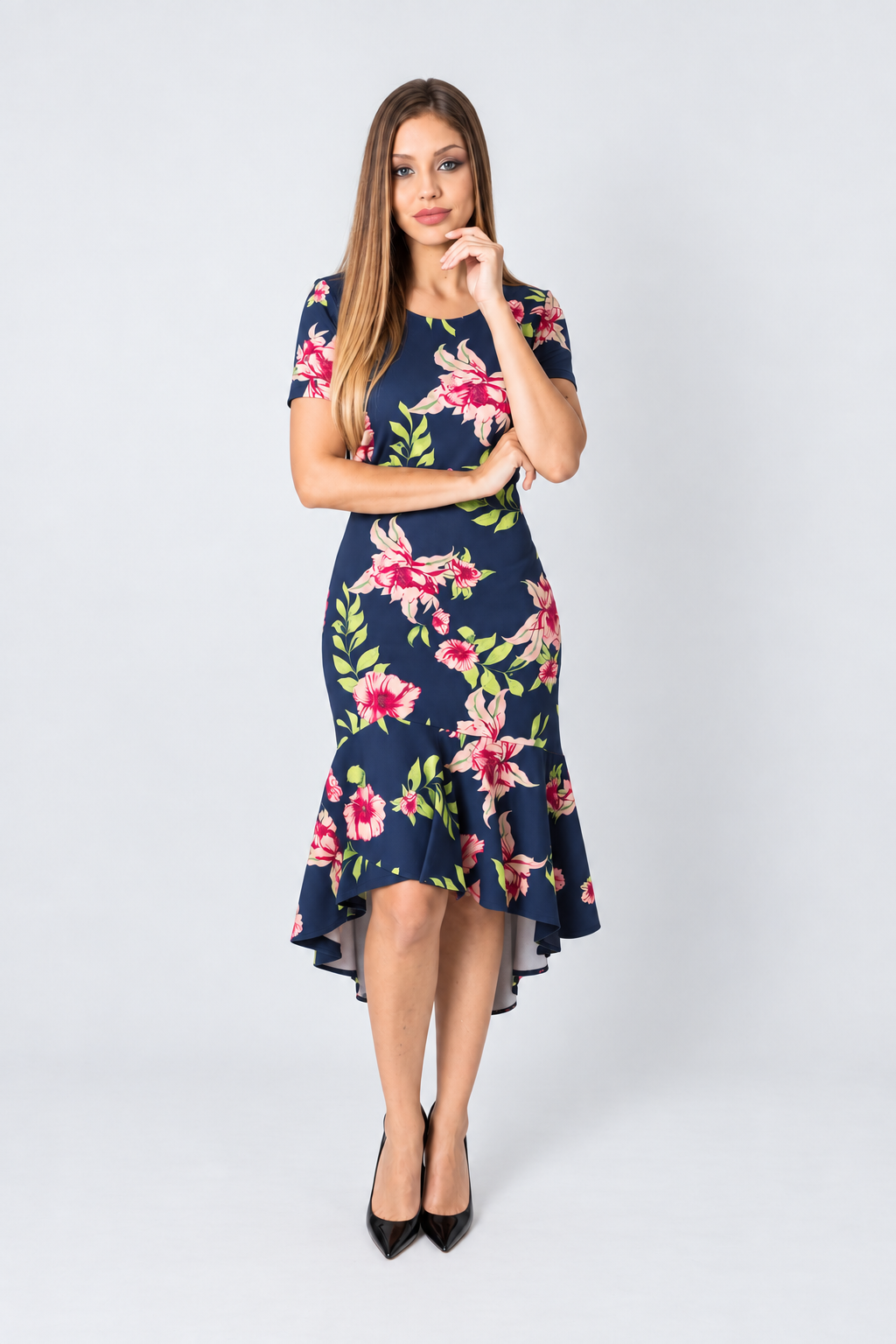 Vestido Tubinho Floral Assimétrico Preto