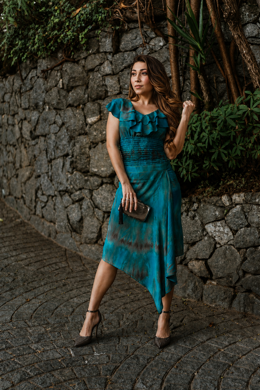 Conjunto Feminino Tie Day Turquesa Saia e Cropped