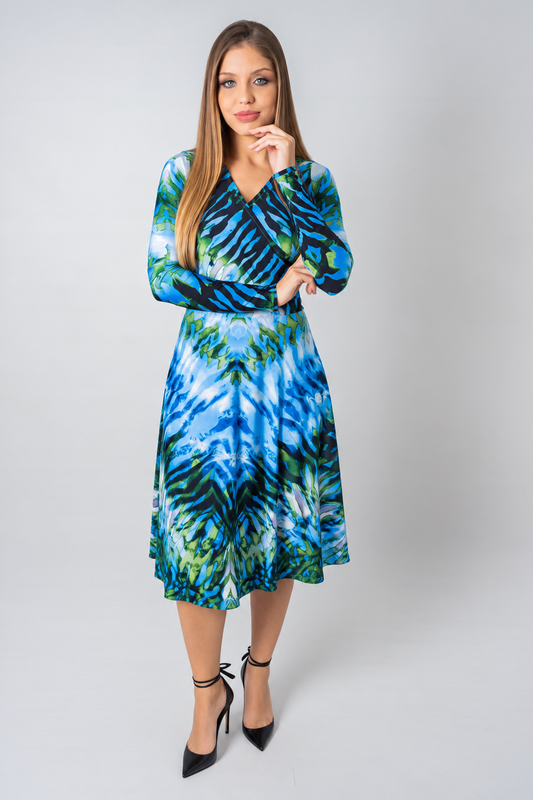 Vestido Estampado Azul em Detalhes Preto