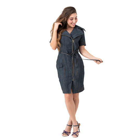 Vestido jeans midi com bolsos e elastano