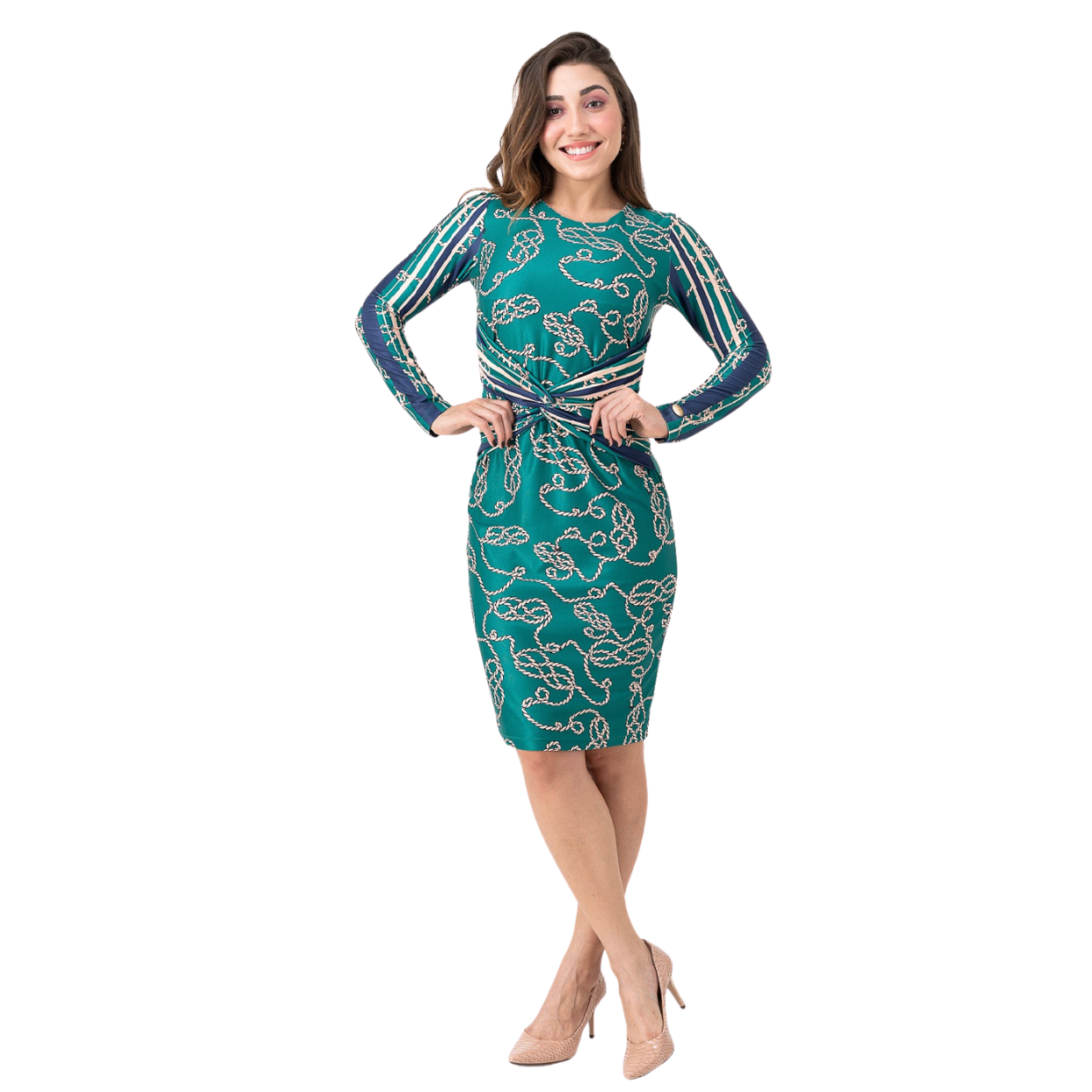 Vestido Justo de Mangas Longas com Estampa Exclusiva