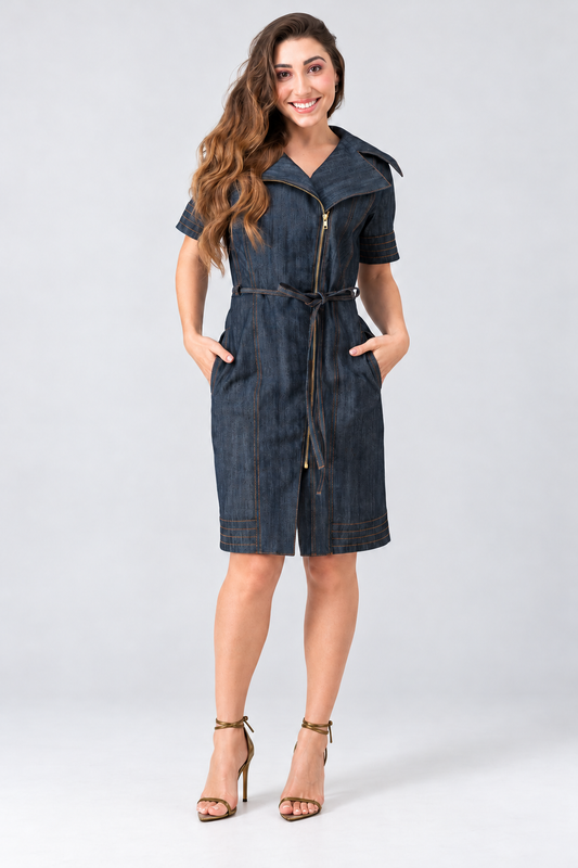 Vestido Jeans Midi com Bolsos e Elastano